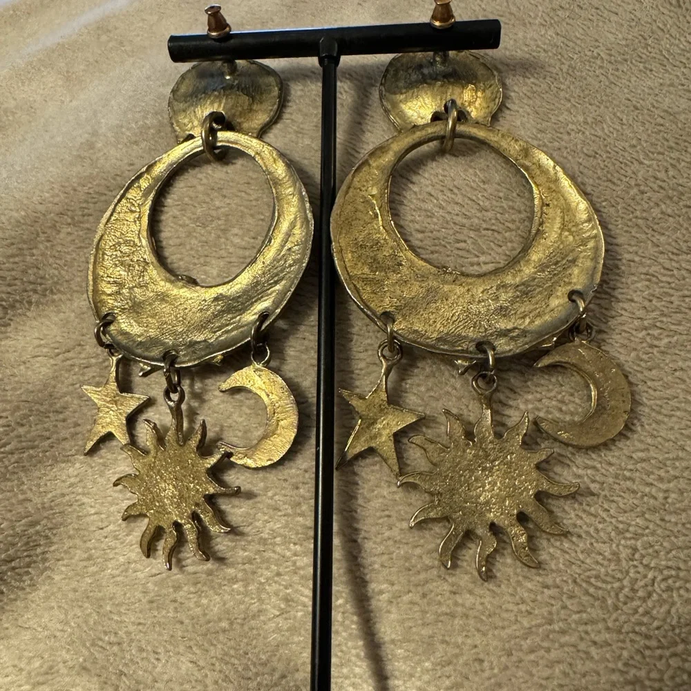 Moon, sun and stars earrings, bronze gold color. EUC, post back.